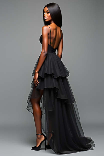 Black A Line Spaghetti Straps Ruffled High Low Graduation Dress