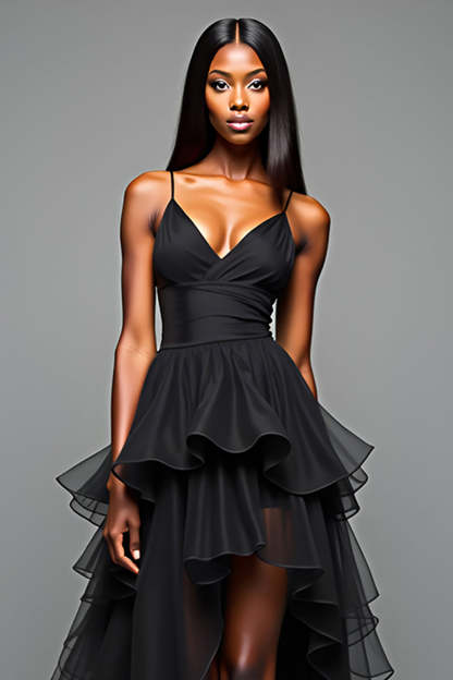 Black A Line Spaghetti Straps Ruffled High Low Graduation Dress