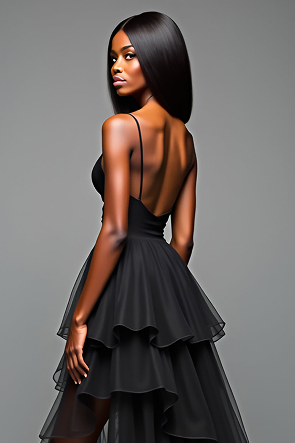 Black A Line Spaghetti Straps Ruffled High Low Graduation Dress