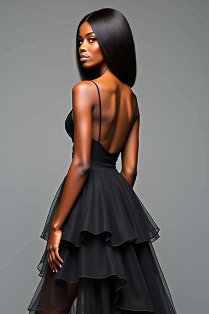 Black A Line Spaghetti Straps Ruffled High Low Graduation Dress