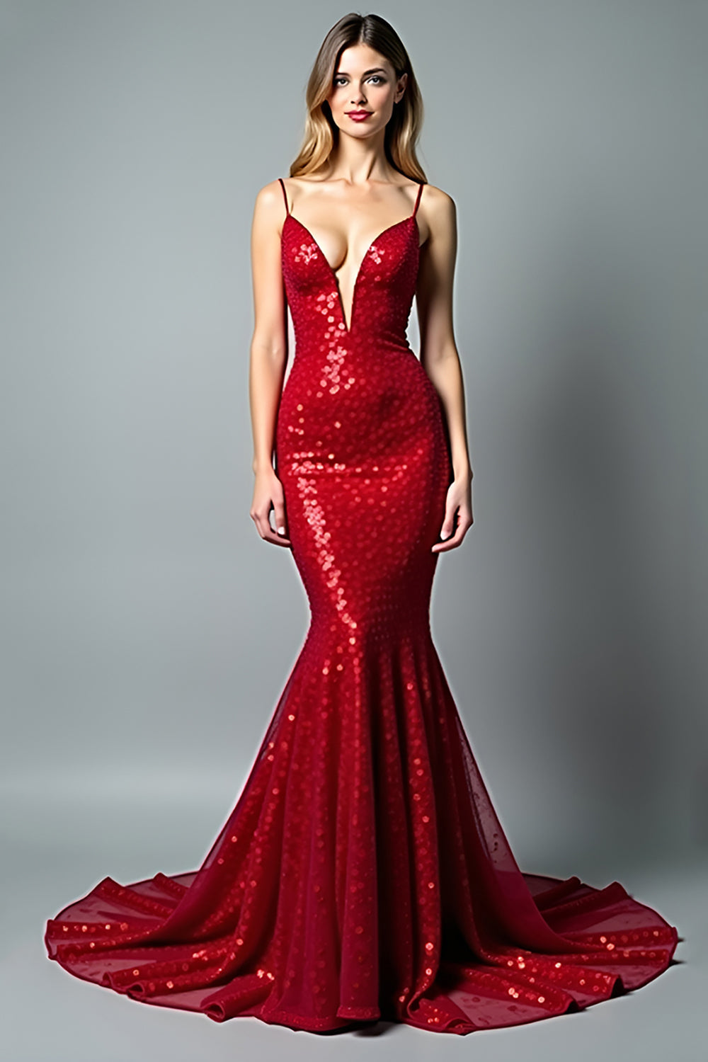 Leely Women Sparkly Sequined Red Mermaid Prom Dress Backless Spaghetti Straps V-Neck Long Pageant Dress