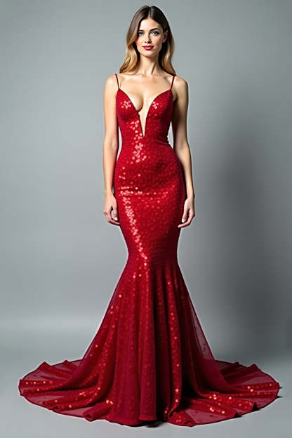 Leely Women Sparkly Sequined Red Mermaid Prom Dress Backless Spaghetti Straps V-Neck Long Pageant Dress