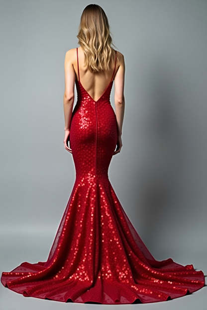 Sparkly Sequined Red Mermaid V Neck Long Prom Dress