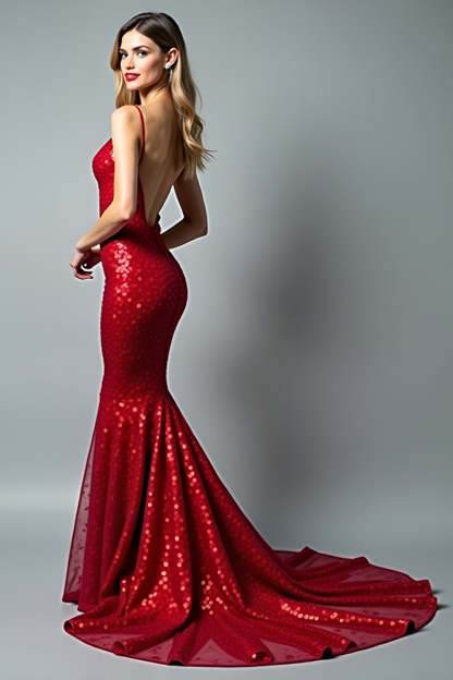 Sparkly Sequined Red Mermaid V Neck Long Prom Dress