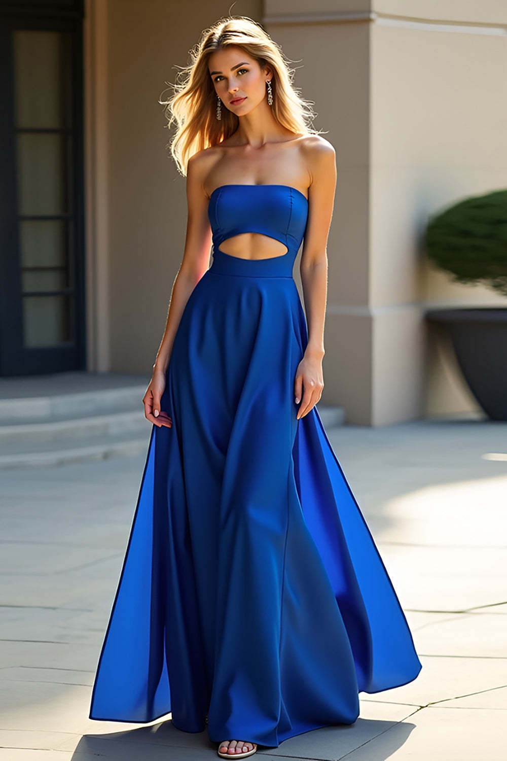 Leely Women A Line Royal Blue Long Satin Wedding Guest Dress Strapless Keyhole Sleeveless Formal Dress
