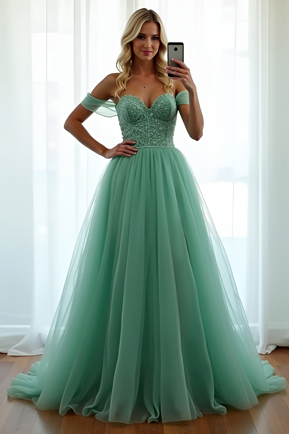 Leely Women Green A Line Corset Prom Dress Sweetheart Off the Shoulder Backless Long Formal Dress