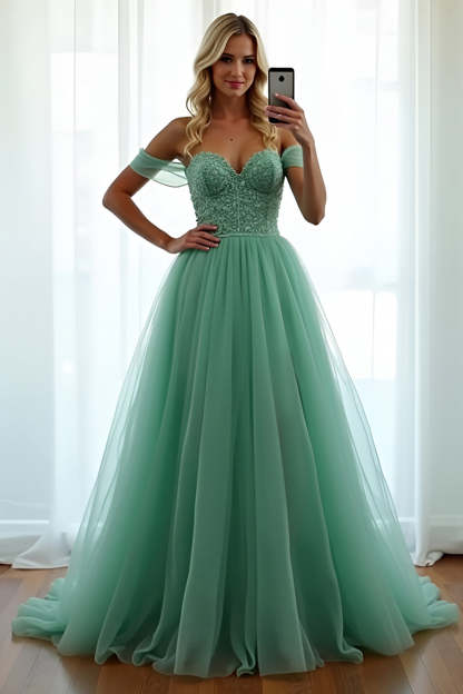 Leely Women Green A Line Corset Prom Dress Sweetheart Off the Shoulder Backless Long Formal Dress