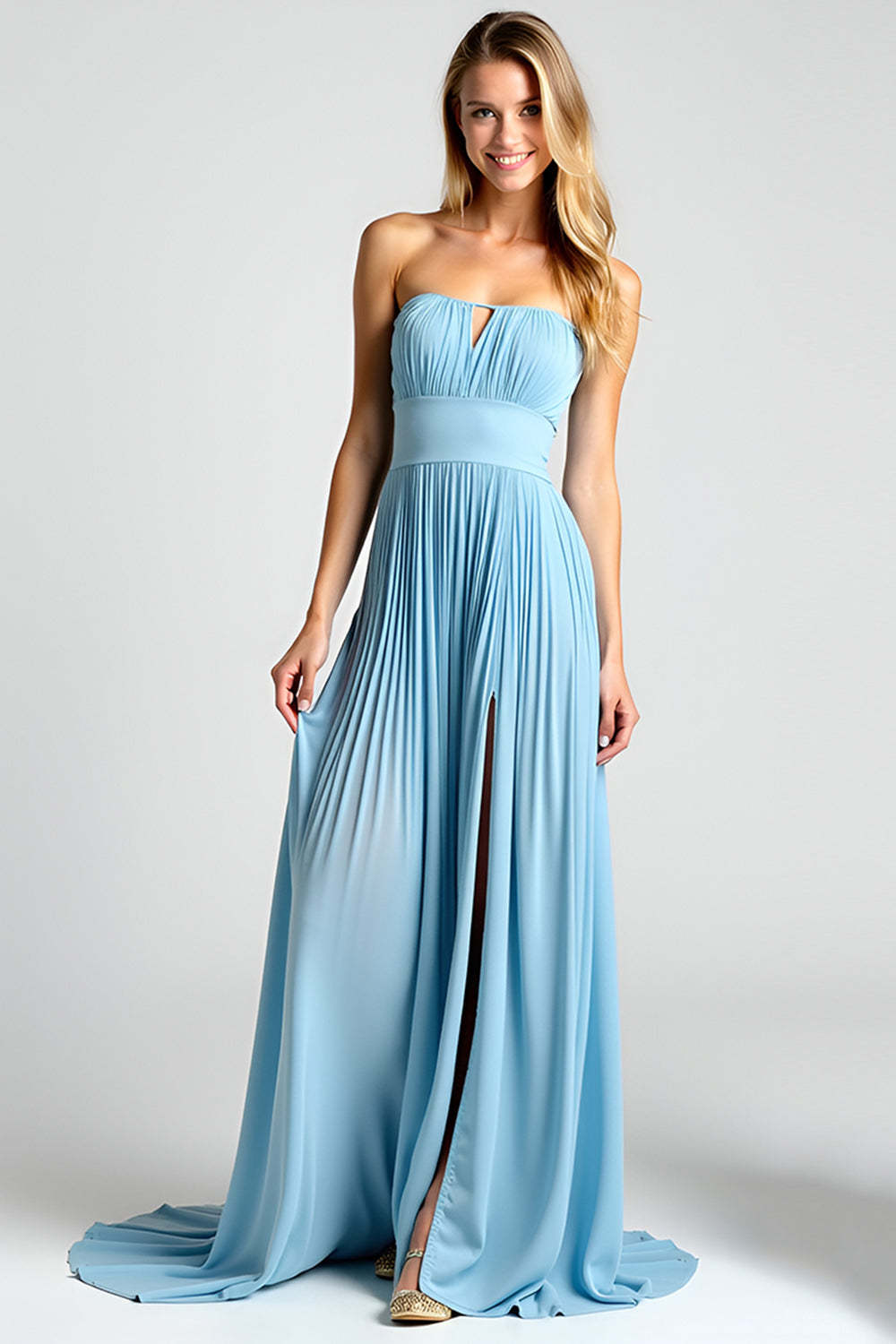 Leely Women Blue Flowy A Line Chiffon Bridesmaid Dress with Slit Pleated Strapless Backless Wedding Guest Dress