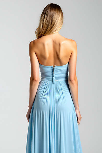 A Line Pleated Blue Strapless Chiffon Bridesmaid Dress with Slit