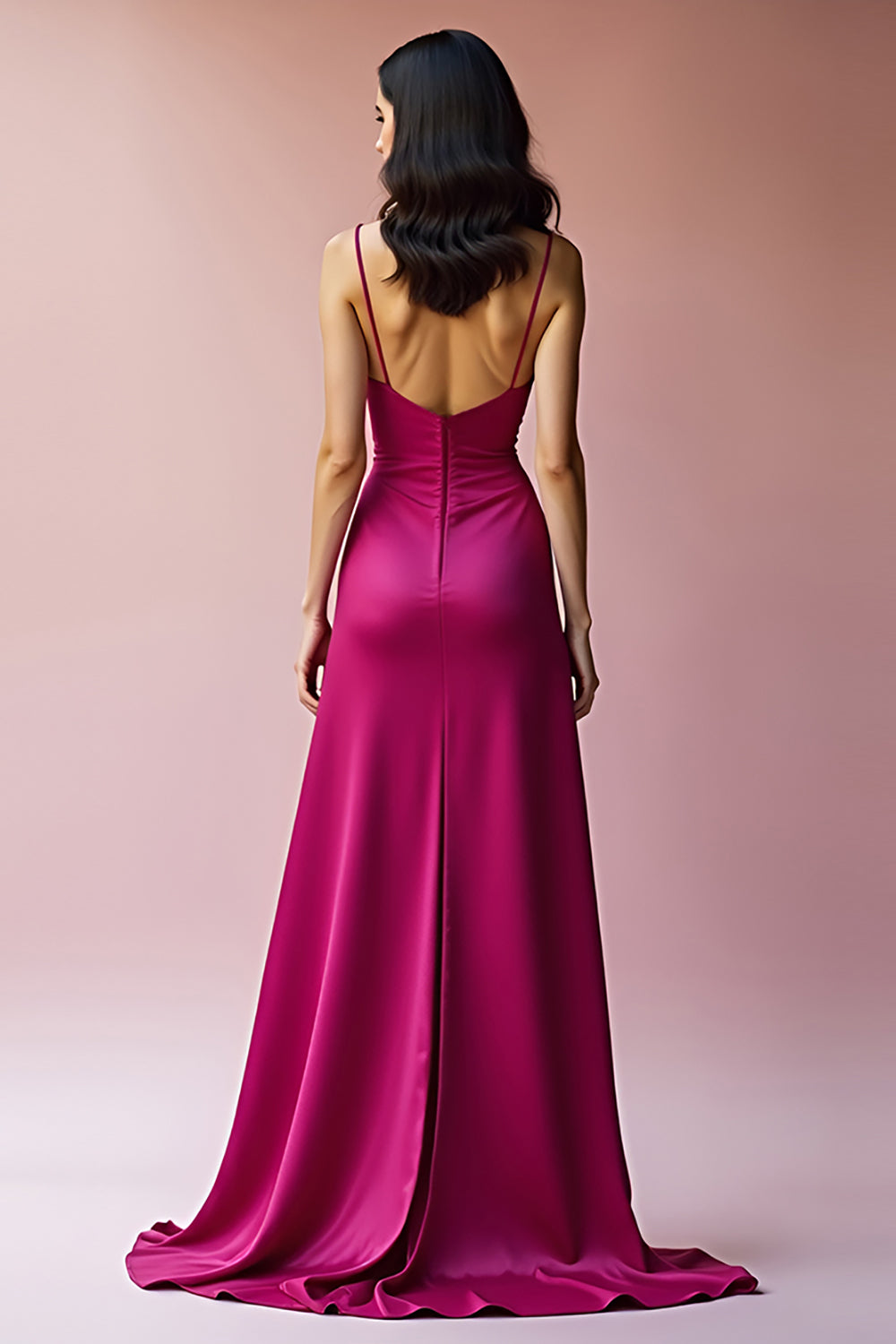 Fuchsia V Neck Backless A Line Long Prom Dress with Slit