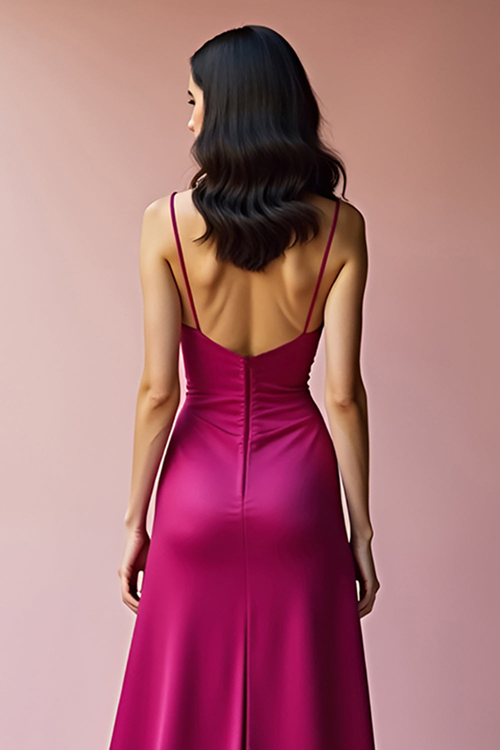 Fuchsia V Neck Backless A Line Long Prom Dress with Slit