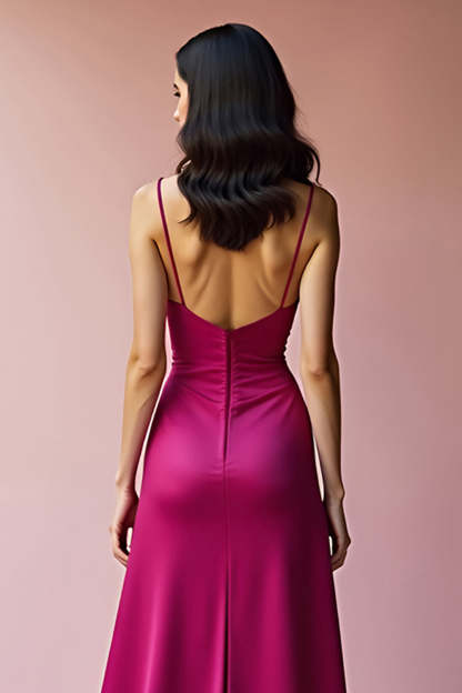 Fuchsia V Neck Backless A Line Long Prom Dress with Slit
