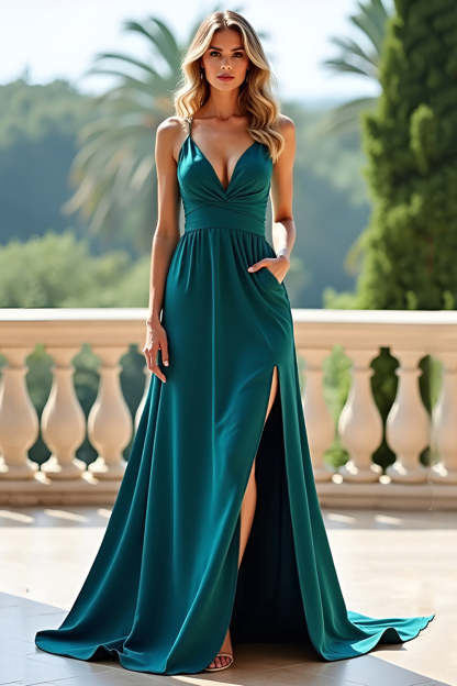 Leely Women Peacock Green A Line V-Neck Long Prom Dress with Slit Spaghetti Straps Backless Formal Dress