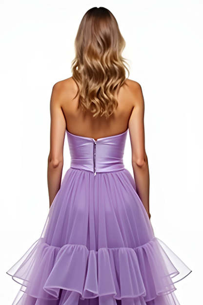 Princess Tiered Purple Strapless Ruffles A Line Prom Dress with Slit