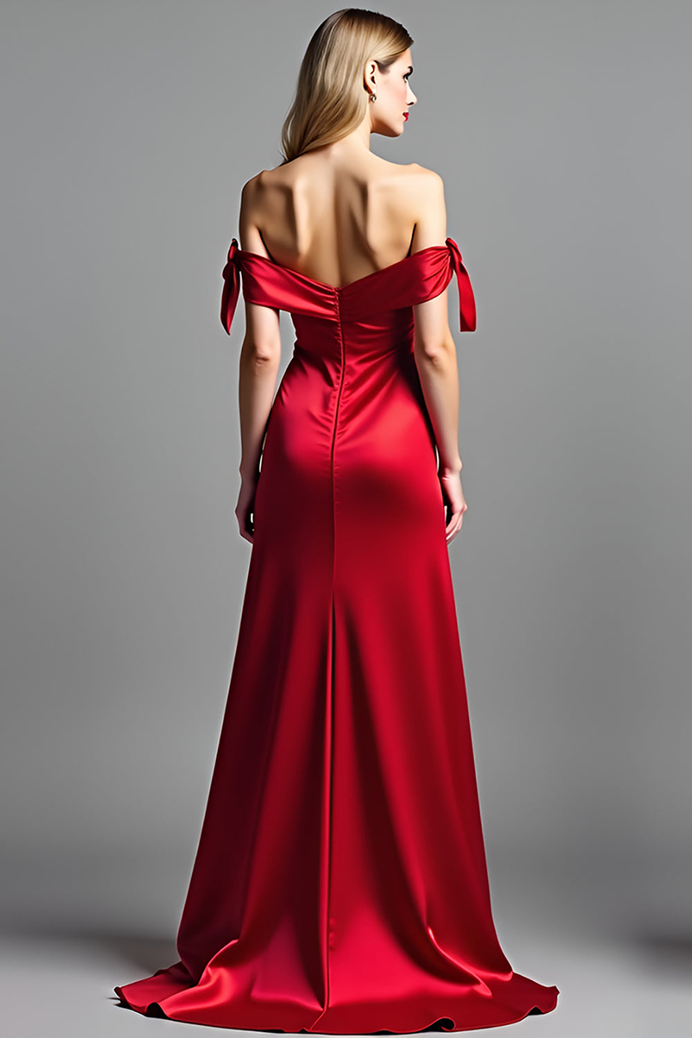 Sheath Red Off the Shoulder Satin Long Prom Dress with Slit
