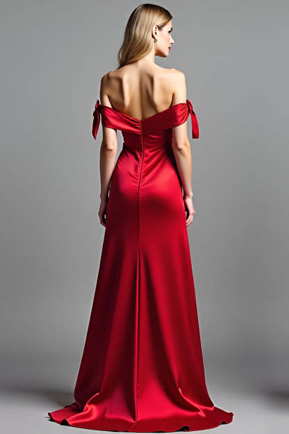 Sheath Red Off the Shoulder Satin Long Prom Dress with Slit