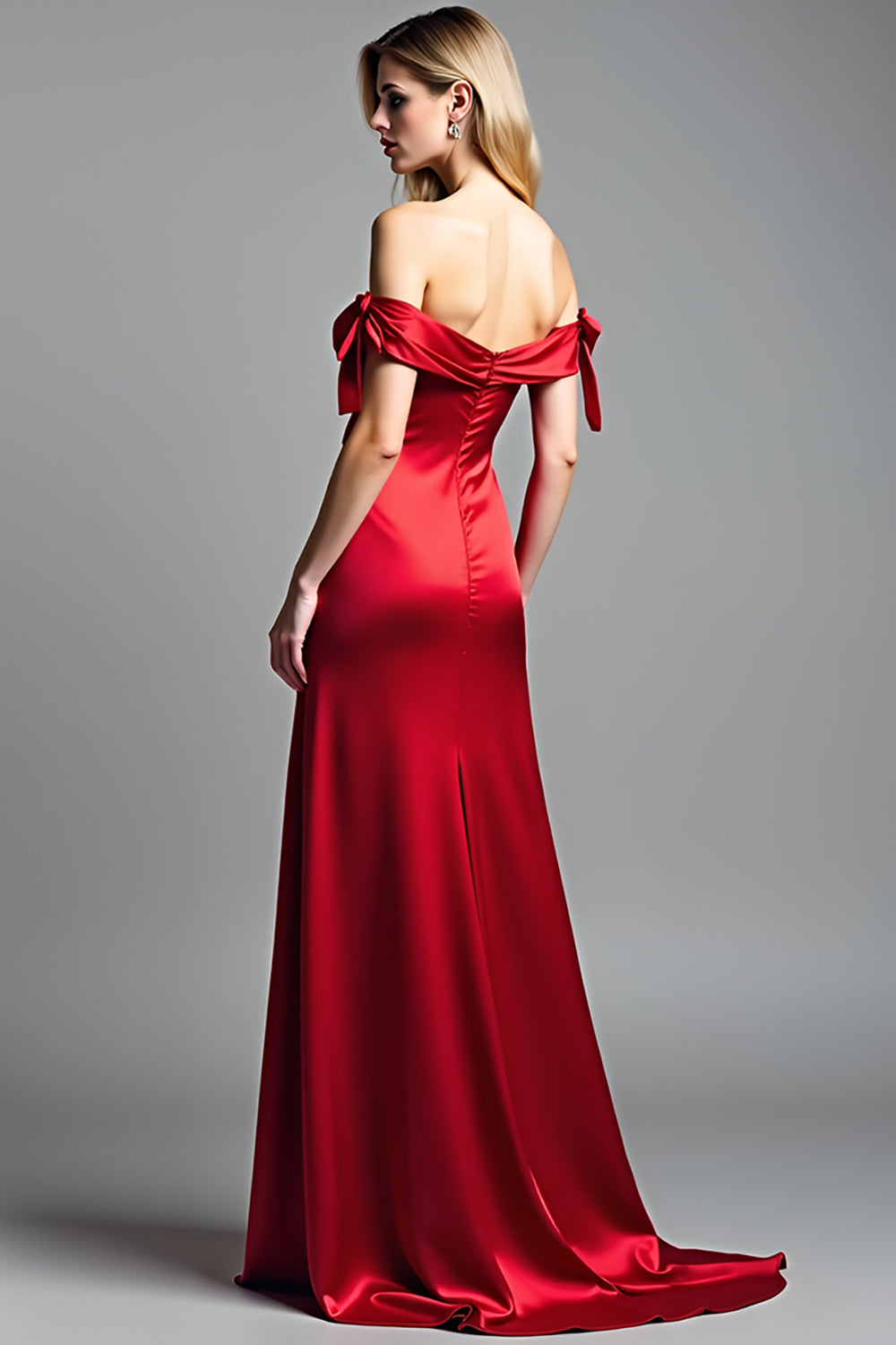 Sheath Red Off the Shoulder Satin Long Prom Dress with Slit