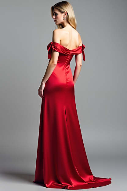 Sheath Red Off the Shoulder Satin Long Prom Dress with Slit