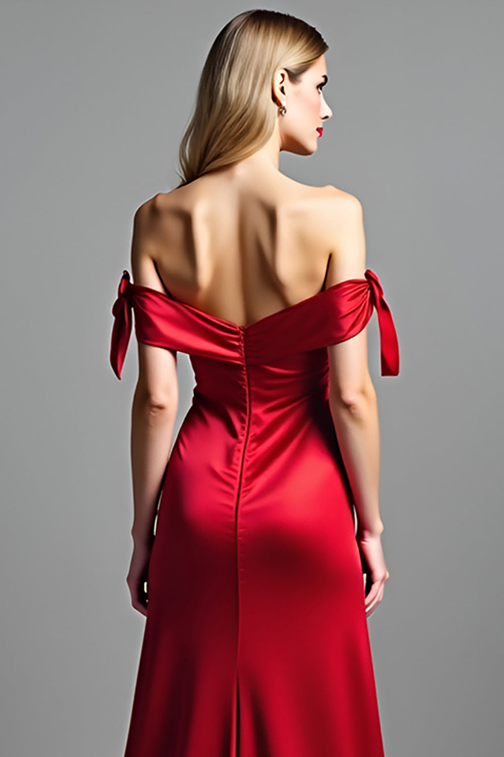Sheath Red Off the Shoulder Satin Long Prom Dress with Slit