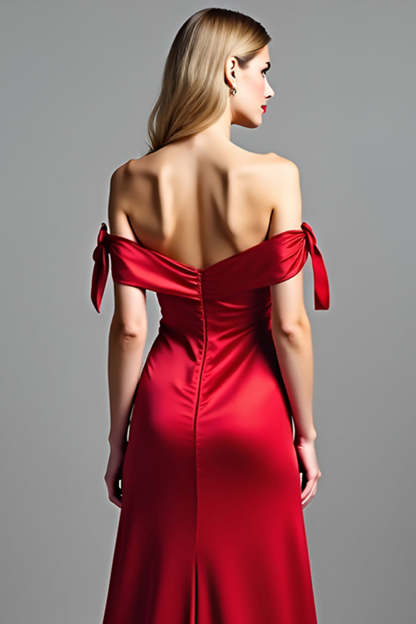 Sheath Red Off the Shoulder Satin Long Prom Dress with Slit