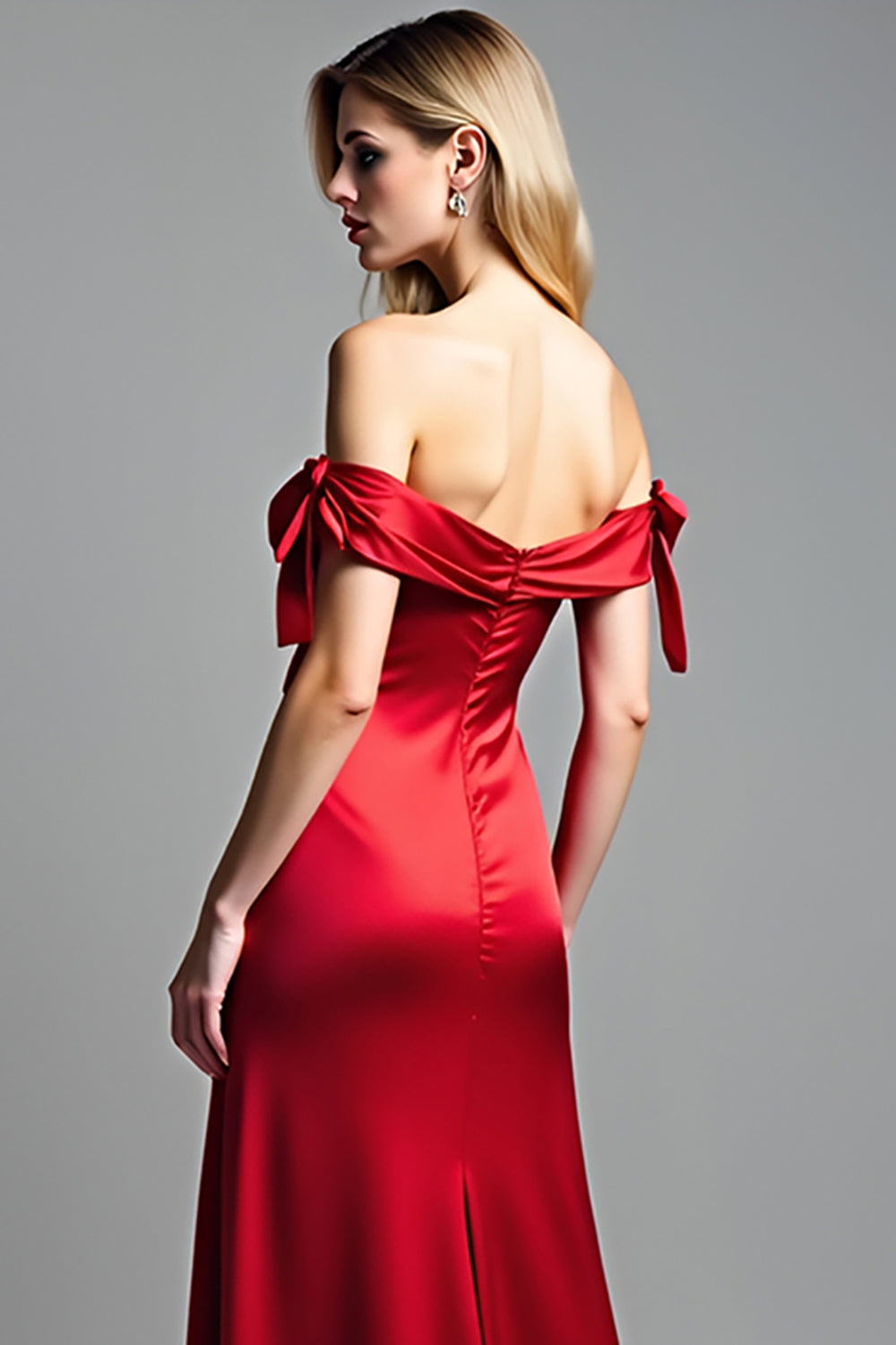 Sheath Red Off the Shoulder Satin Long Prom Dress with Slit