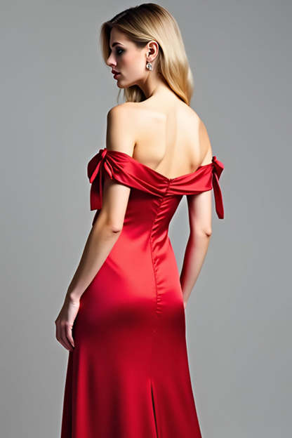 Sheath Red Off the Shoulder Satin Long Prom Dress with Slit