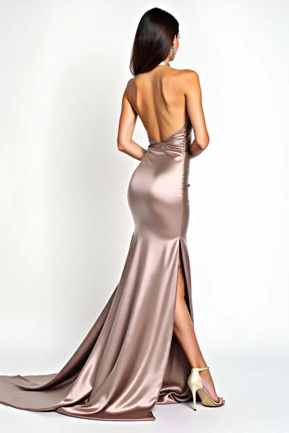 Halter Sheath Dusty Rose Satin Backless Long Prom Dress with Slit