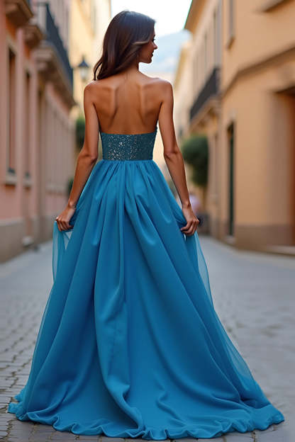 Blue Strapless Sweetheart A Line Long Prom Dress with Slit