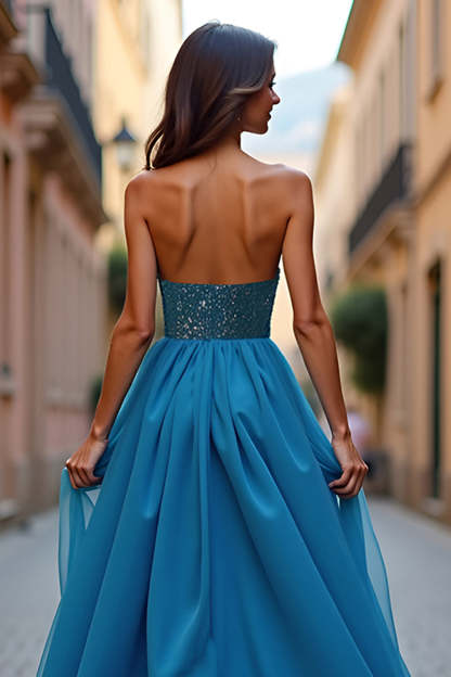 Blue Strapless Sweetheart A Line Long Prom Dress with Slit