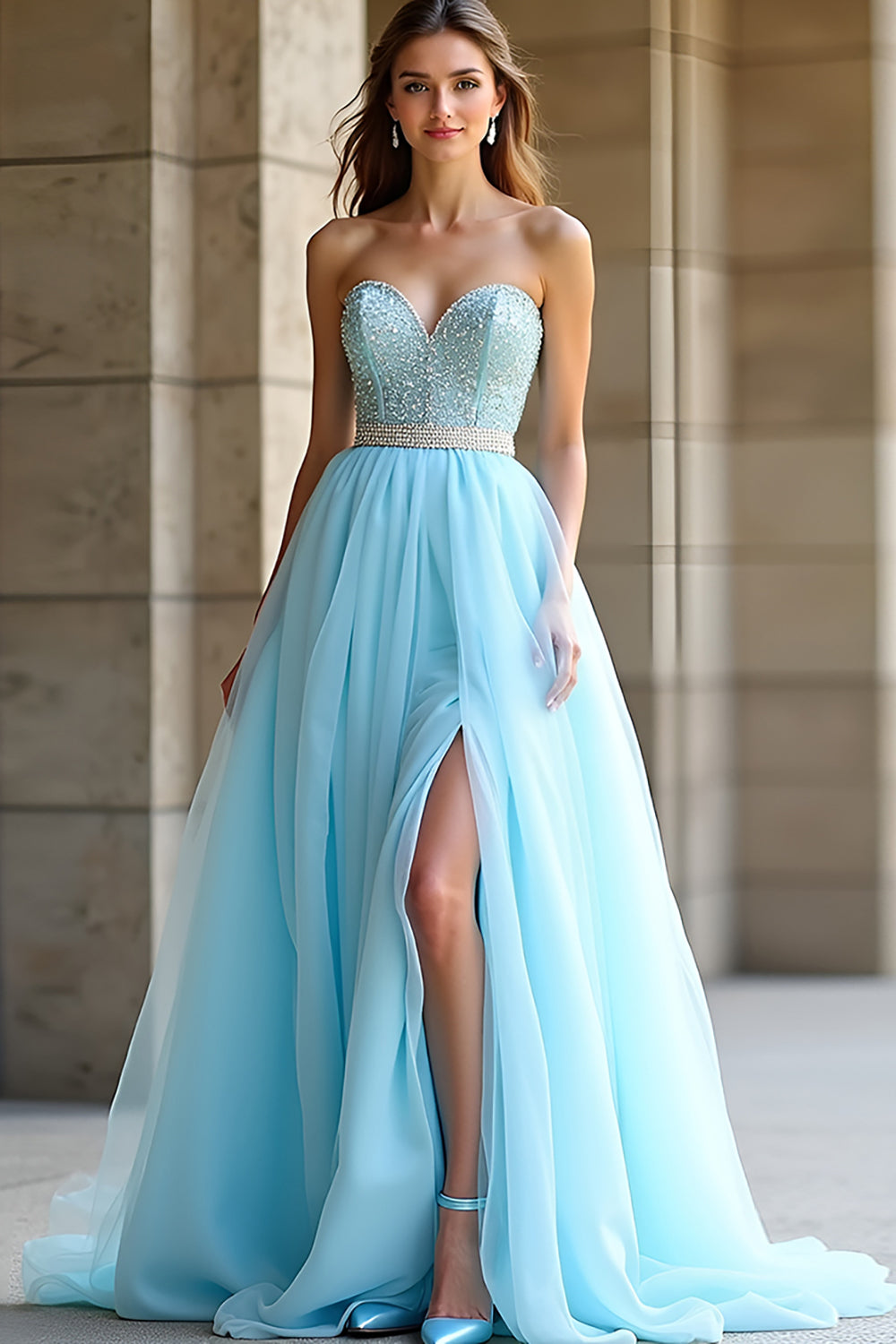 Leely Women Light Blue A Line Sweetheart Beaded Prom Dress with Slit Backless Long Formal Dress