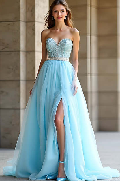 Leely Women Light Blue A Line Sweetheart Beaded Prom Dress with Slit Backless Long Formal Dress