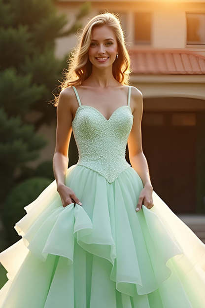 Green Ball Gown Spaghetti Straps Ruffled Long Prom Dress