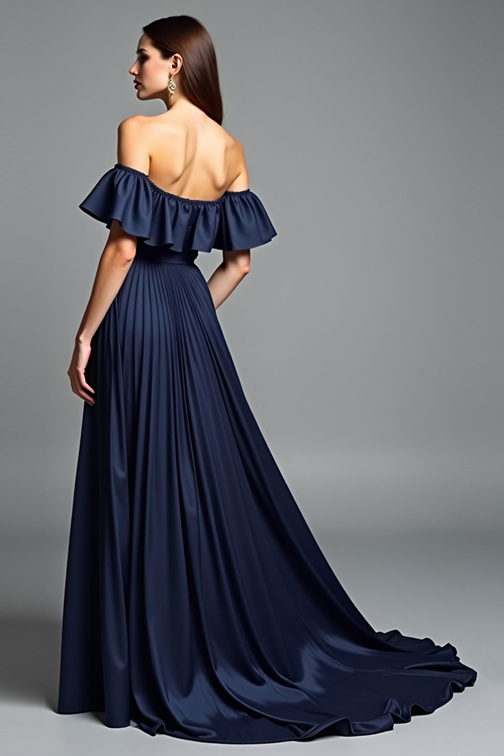 Navy Off the Shoulder Ruffled A Line Long Formal Dress