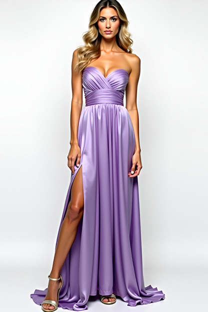 Leely Women Purple Strapless A Line Long Prom Dress with Slit Backless Sweetheart Pleated Evening Dress