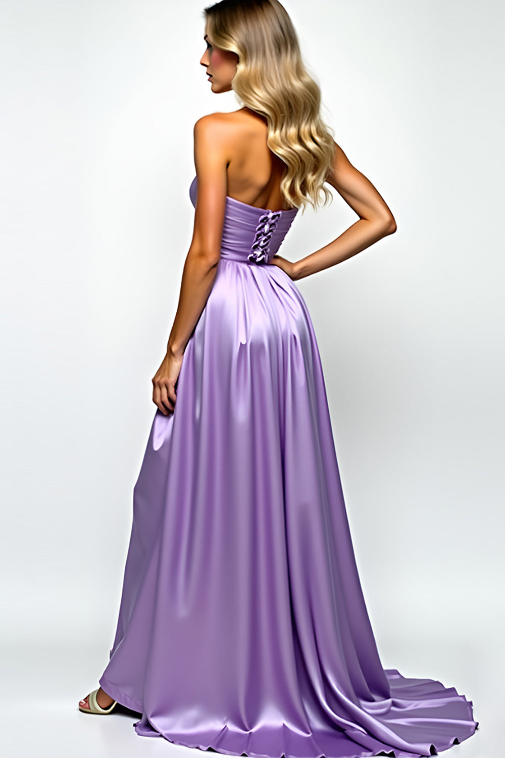 Purple Strapless A Line Pleated Long Prom Dress with Slit