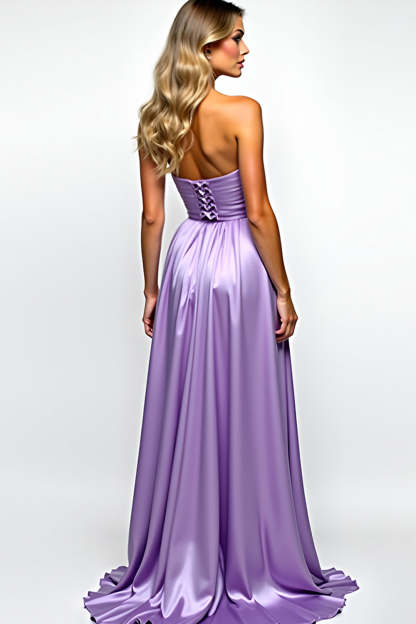 Purple Strapless A Line Pleated Long Prom Dress with Slit