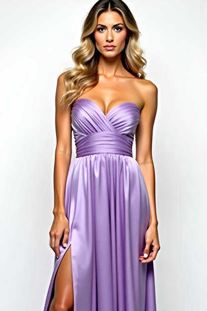 Purple Strapless A Line Pleated Long Prom Dress with Slit