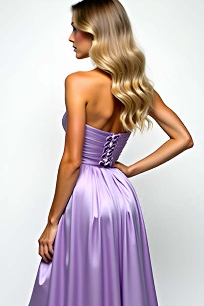 Purple Strapless A Line Pleated Long Prom Dress with Slit