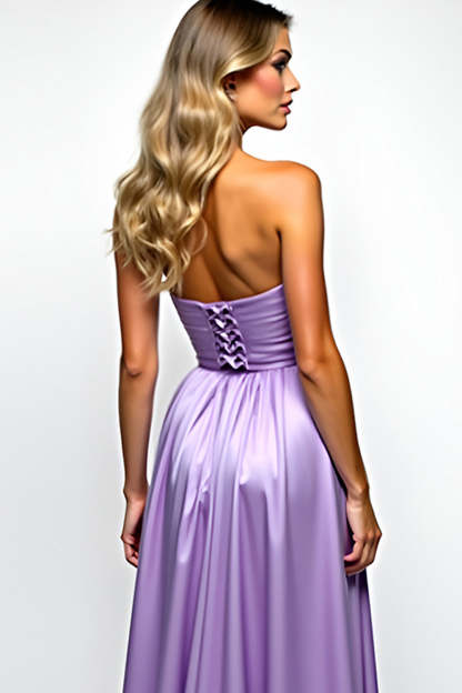 Purple Strapless A Line Pleated Long Prom Dress with Slit