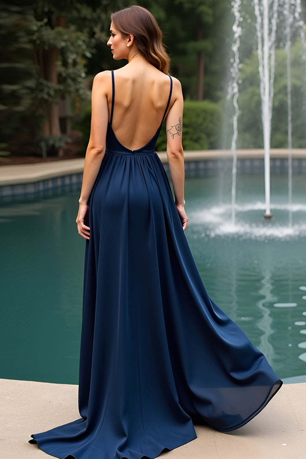 Navy A Line V Neck Chiffon Floor Length Wedding Guest Dress