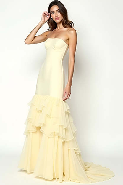 Leely Women Yellow Strapless Sheath Long Prom Dress with Ruffles Sleeveless Biackless Zipper Formal Dress