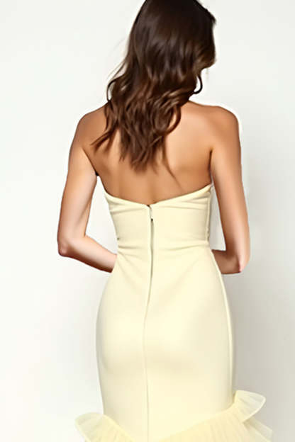 Yellow Strapless Sheath Long Prom Dress with Ruffles