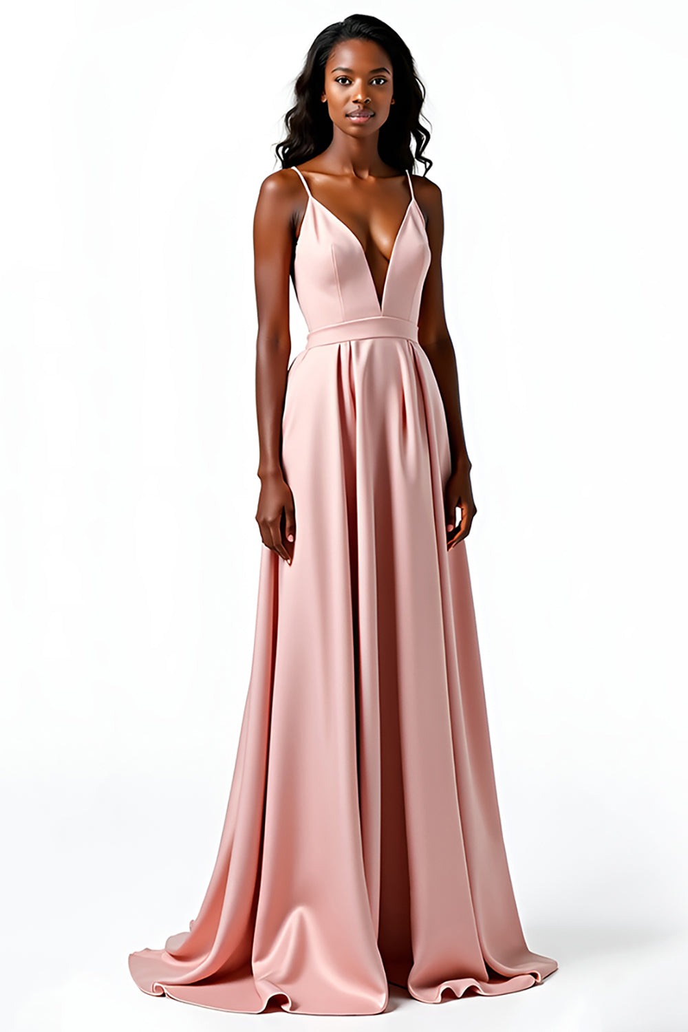 Blush A Line Spaghetti Straps V Neck Satin Wedding Guest Dress