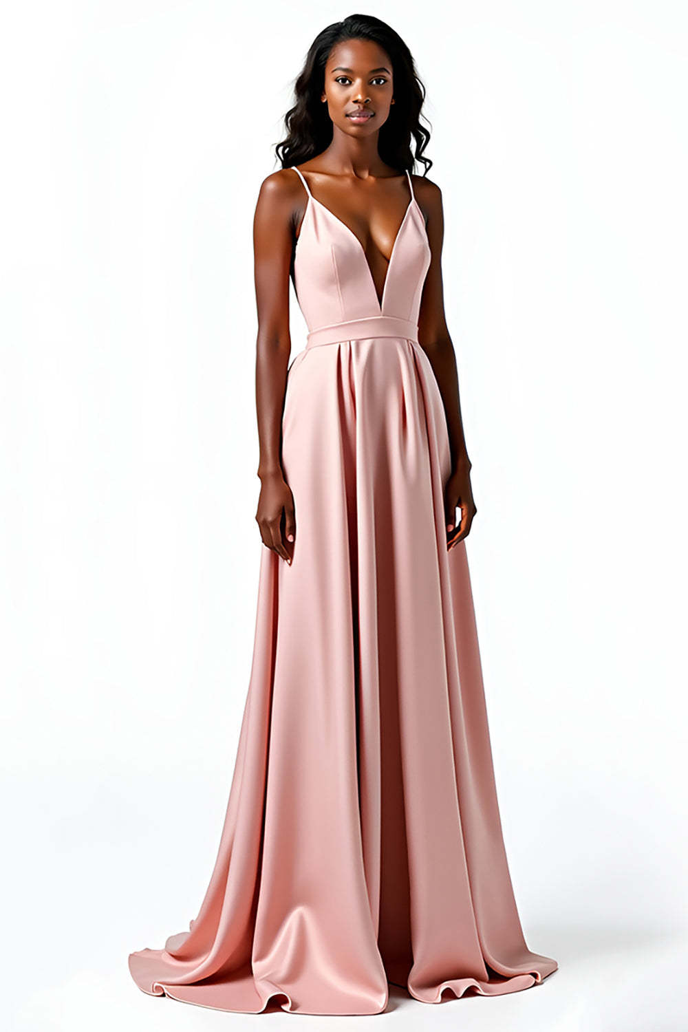 Leely Women Blush A Line Satin Wedding Guest Dress V-Neck Spaghetti Straps Floor Length Formal Dress