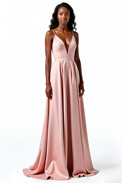 Leely Women Blush A Line Satin Wedding Guest Dress V-Neck Spaghetti Straps Floor Length Formal Dress