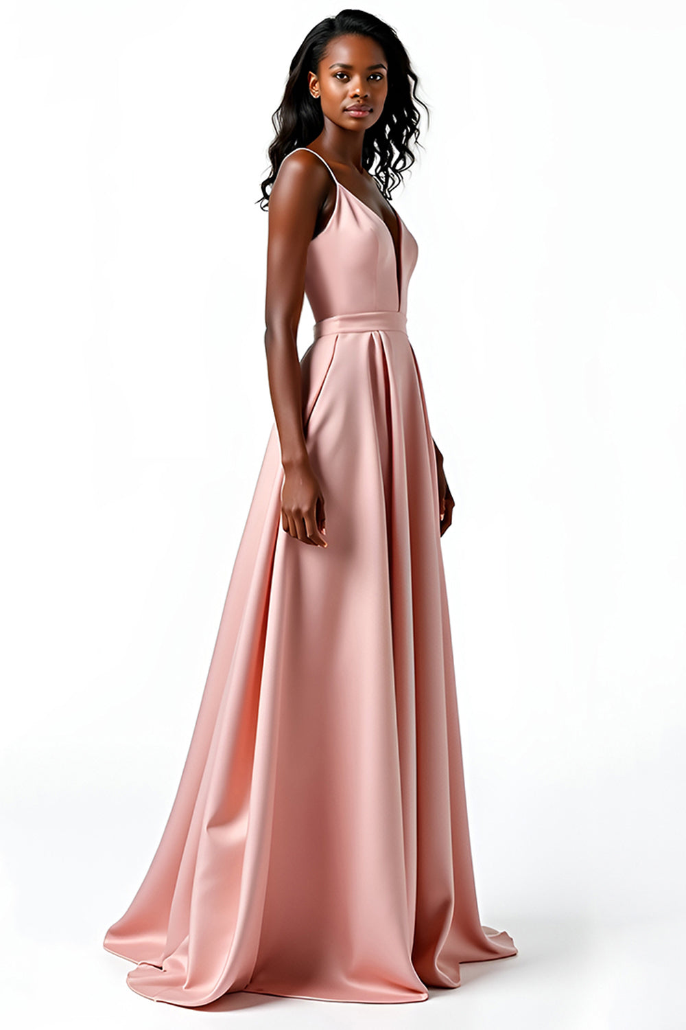 Blush A Line Spaghetti Straps V Neck Satin Wedding Guest Dress