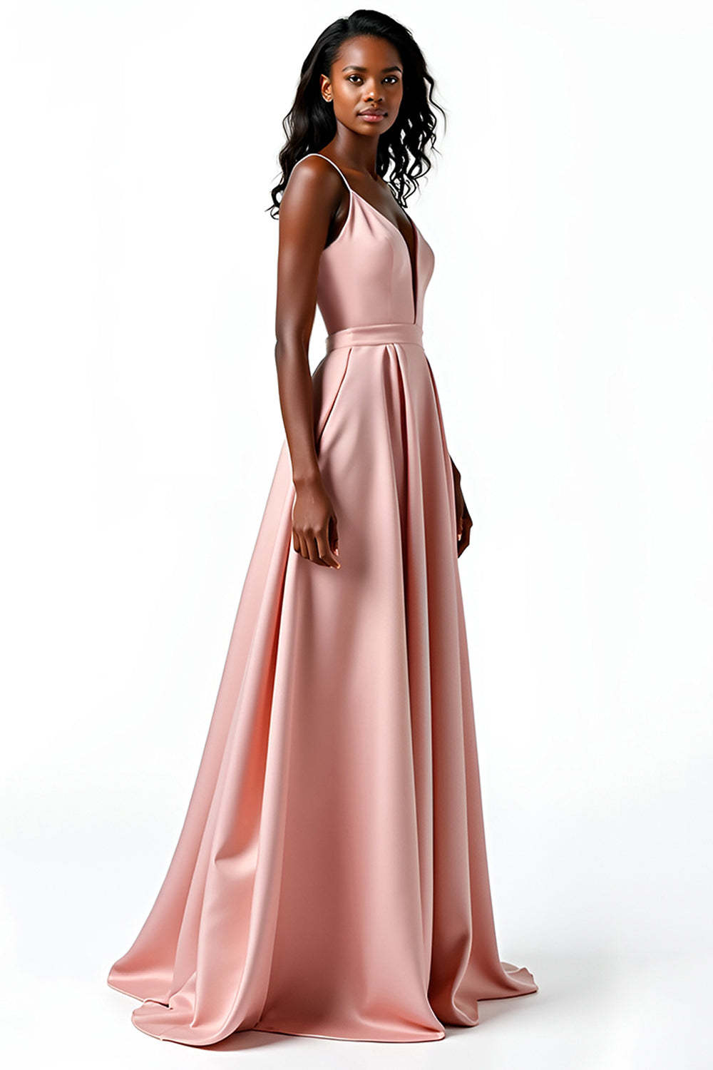 Blush A Line Spaghetti Straps V Neck Satin Wedding Guest Dress