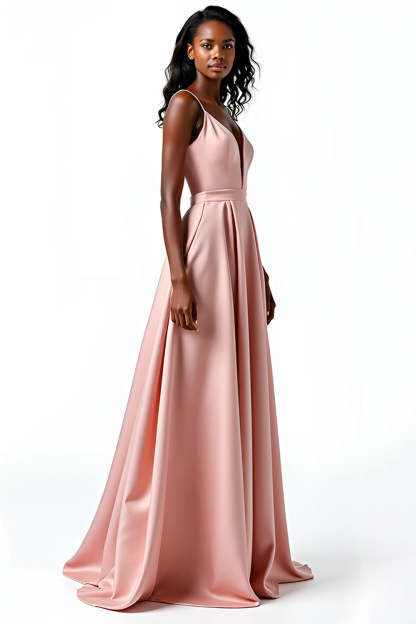 Blush A Line Spaghetti Straps V Neck Satin Wedding Guest Dress