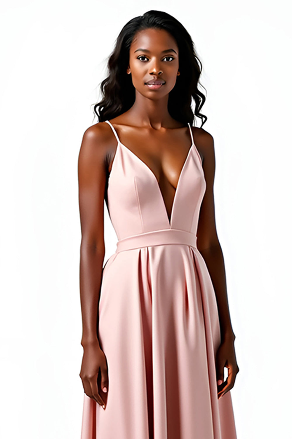 Blush A Line Spaghetti Straps V Neck Satin Wedding Guest Dress