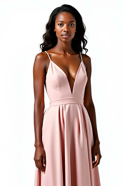Blush A Line Spaghetti Straps V Neck Satin Wedding Guest Dress